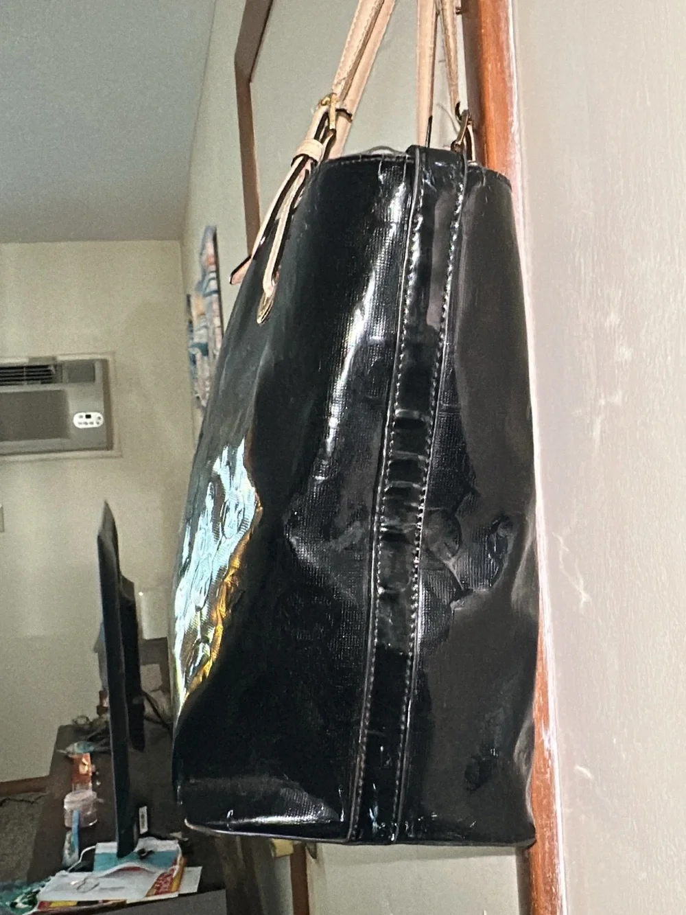 Michael Kors Black Patent Shoulder Tote with Light Tan Straps